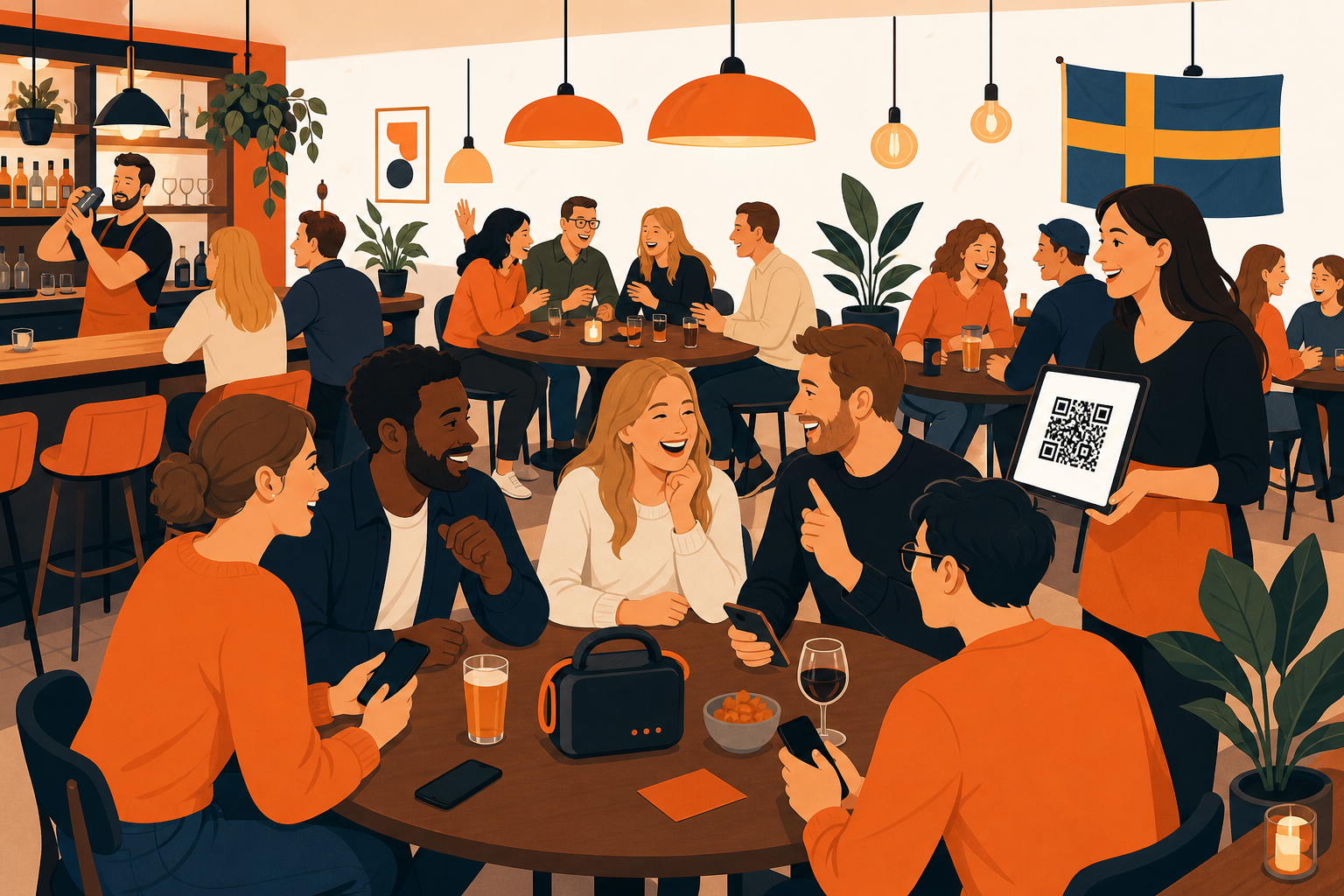 Pubquiz-kväll på bar med lag, högtalare och QR-kod för att ansluta