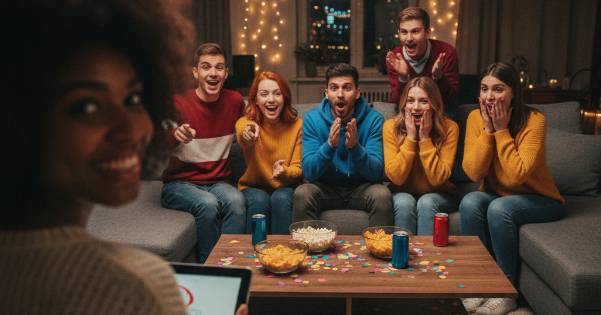 Vänner spelar musikquiz live tillsammans med mobilen som svarsknapp
