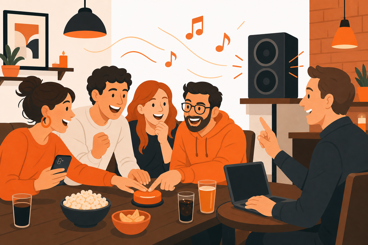 Musikquiz live med låt i högtalare och SVARA-knapp i mobilen